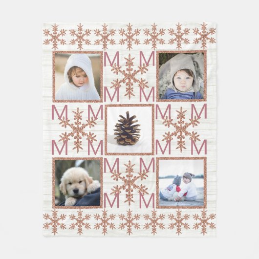 Rose Gold Snowflake Optionales Monogramm 5 Foto Fleecedecke (Vorderseite)