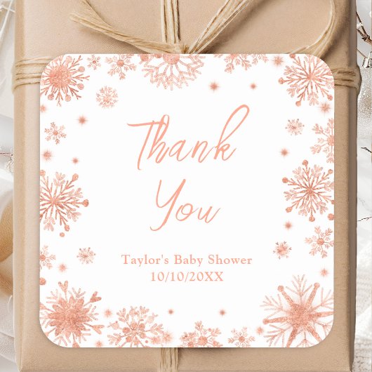 Rose Gold Snowflakes Babydusche Danke Quadratischer Aufkleber
