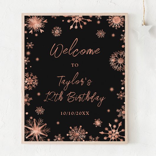 Rose Gold Snowflakes Geburtstagsparty Willkommen Poster
