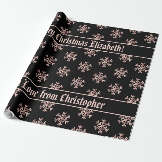 Rose Gold Snowflakes Patrone Weihnachten Schwarz Geschenkpapier (Ungerollt)
