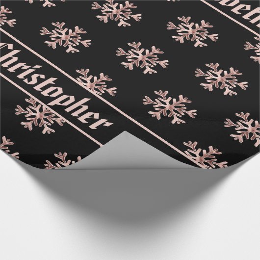 Rose Gold Snowflakes Patrone Weihnachten Schwarz Geschenkpapier (Ecke)