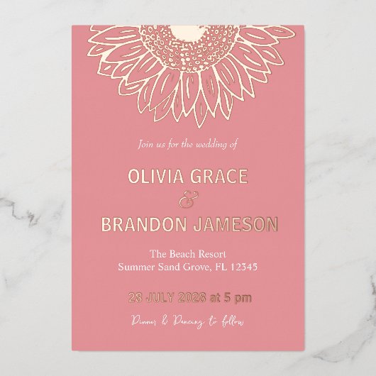 Rose Gold Sonnenblumen Moderne Blumenhochzeit Folieneinladung (Vorderseite)