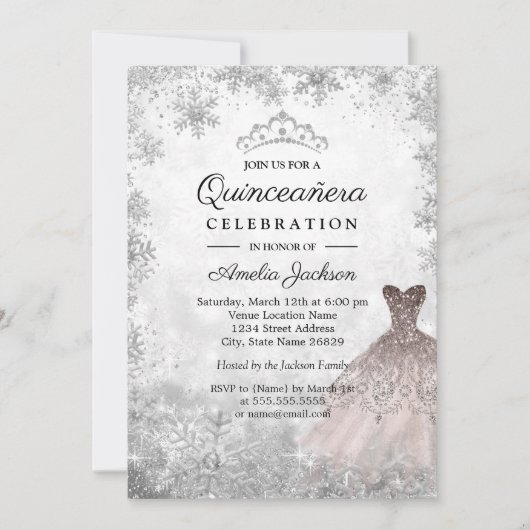 Rose Gold Sparkassen Schneeflocken Winter Quincean Einladung (Vorderseite)