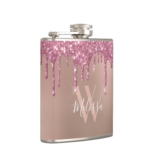 Rose Gold Sparkeil Glitzer Tropfen Rosa Monogramm Flachmann (Rechts)