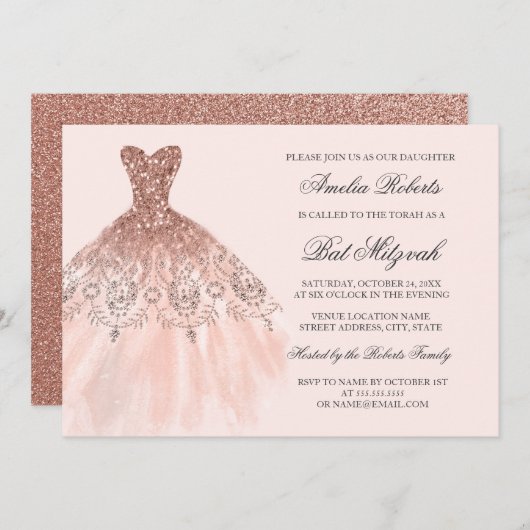 Rose Gold Sparkenkleid Bat Mitzvah Einladung (Vorne/Hinten)