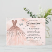 Rose Gold Sparkkleid Aquarellfarben Quinceanera Einladung (Stehend Vorderseite)