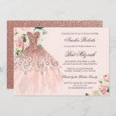Rose Gold Sparkkleid Floral Bat Mitzvah Einladung (Vorne/Hinten)