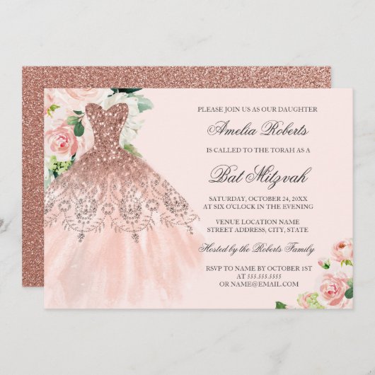 Rose Gold Sparkkleid Floral Bat Mitzvah Einladung (Vorne/Hinten)