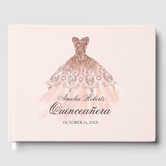 Rose Gold Sparkkleid Quinceanera Gästebuch (Vorderseite)