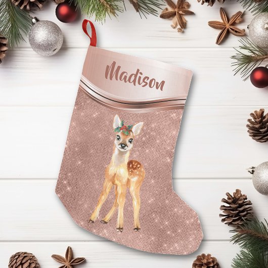 Rose Gold Sparkle Deer Fawn Personalisiert Kleiner Weihnachtsstrumpf