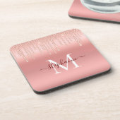 Rose Gold Sparkle Diamond Monogram Script Getränkeuntersetzer (Linke Seite)