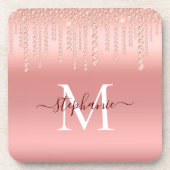 Rose Gold Sparkle Diamond Monogram Script Getränkeuntersetzer (Vorderseite)