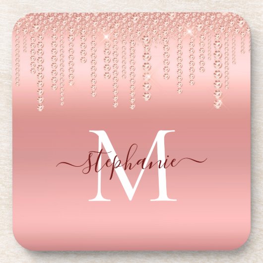 Rose Gold Sparkle Diamond Monogram Script Getränkeuntersetzer (Vorderseite)