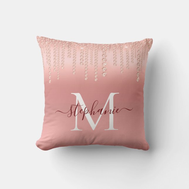 Rose Gold Sparkle Diamond Monogram Script Kissen (Vorderseite)