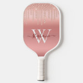 Rose Gold Sparkle Diamond Monogram Script Pickleball Schläger (Rückseite)