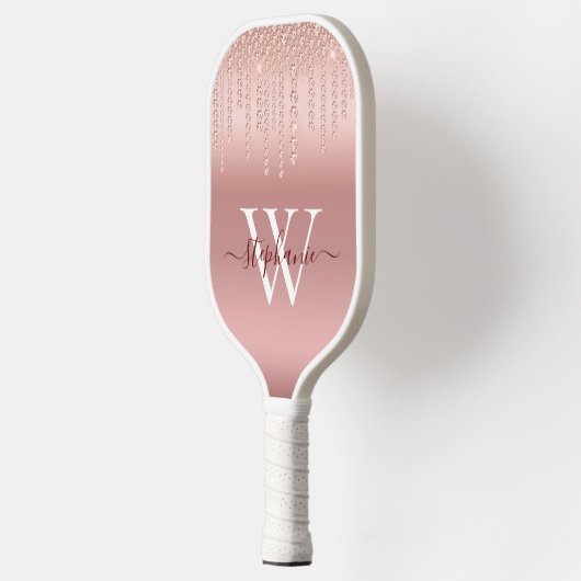 Rose Gold Sparkle Diamond Monogram Script Pickleball Schläger (Links)