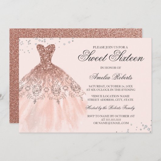 Rose Gold Sparkle Dress 16 . Geburtstag Einladung (Vorne/Hinten)