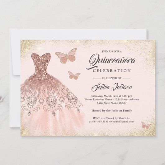 Rose Gold Sparkle Dress Butterfly Quinceanera Invi Einladung (Vorderseite)