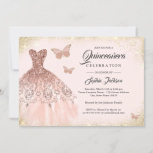 Rose Gold Sparkle Dress Butterfly Quinceanera Invi Einladung