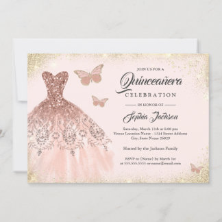 Rose Gold Sparkle Dress Butterfly Quinceanera Invi Einladung