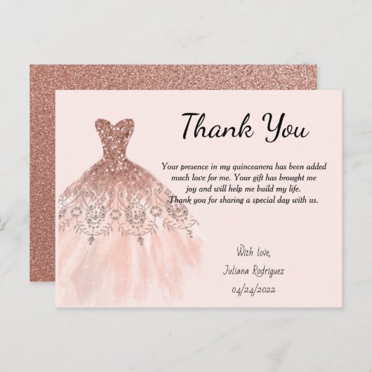 Rose Gold Sparkle Dress Danke Karte Quinceañera (Vorne/Hinten)