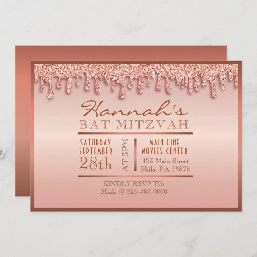 Rose Gold Sparkle Drippy Tropfen Bat Mitzvah Einla Einladung (Vorne/Hinten)