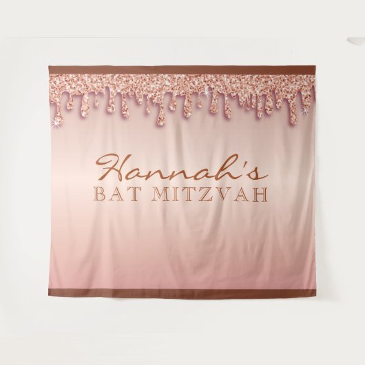 Rose Gold Sparkle Drippy Tropfen Bat Mitzvah Hinte Wandteppich (Vorderseite (Horizontal))