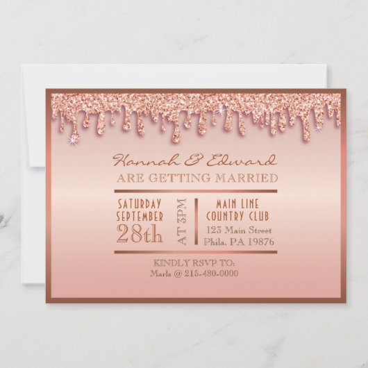 Rose Gold Sparkle Drippy Tropfen Wedding Party Einladung (Vorderseite)