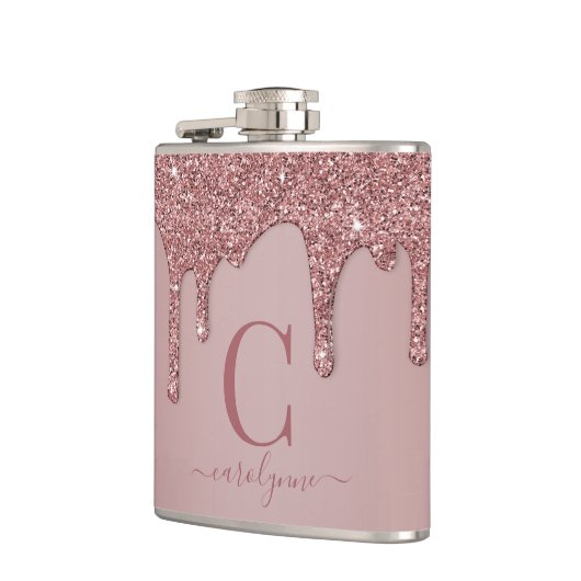 Rose Gold Sparkle Glam Glitzer Tropfen Monogram Flachmann (Links)