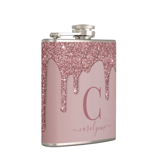 Rose Gold Sparkle Glam Glitzer Tropfen Monogram Flachmann (Rechts)