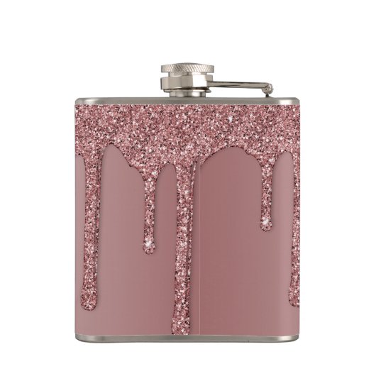 Rose Gold Sparkle Glam Glitzer Tropfen Monogram Flachmann (Rückseite)