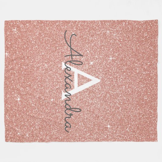 Rose Gold Sparkle Glitter Monogram Name & Initial Fleecedecke (Vorderseite (Horizontal))