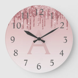 Rose Gold Sparkle Glitter Monogram Name & Initial Große Wanduhr