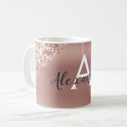 Rose Gold Sparkle Glitter Monogram Name & Initial Kaffeetasse (Vorderseite Links)