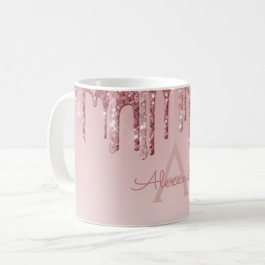 Rose Gold Sparkle Glitter Monogram Name & Initial Kaffeetasse (Vorderseite Links)