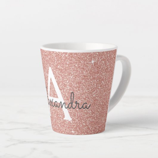 Rose Gold Sparkle Glitter Monogram Name & Initial Milchtasse (Rechte Ecke)