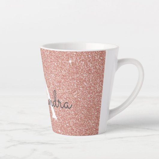 Rose Gold Sparkle Glitter Monogram Name & Initial Milchtasse (Rechts)