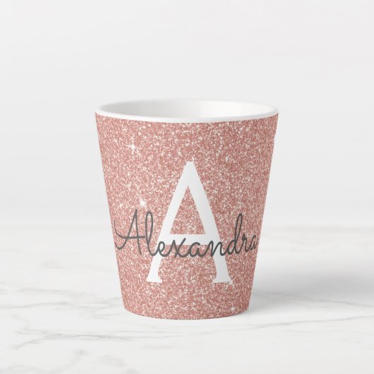 Rose Gold Sparkle Glitter Monogram Name & Initial Milchtasse (Vorderseite)