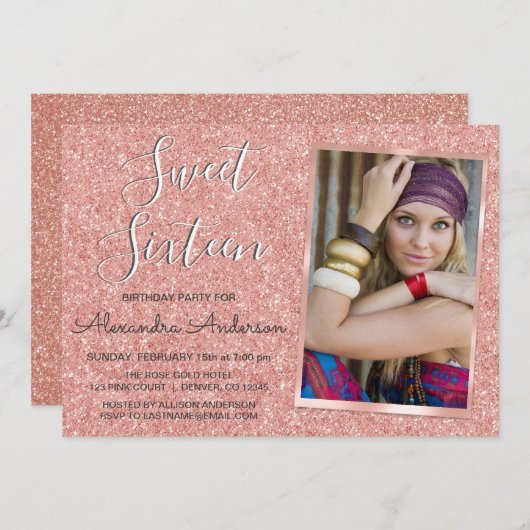 Rose Gold Sparkle Glitzer 16 . Geburtstag Geburtst Einladung (Vorne/Hinten)