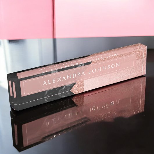 Rose Gold Sparkle Glitzer Foil and Black Marble Namensplakette