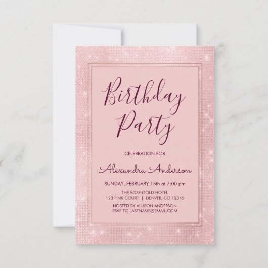 Rose Gold Sparkle Glitzer Girly Birthday Party Einladung (Rückseite)