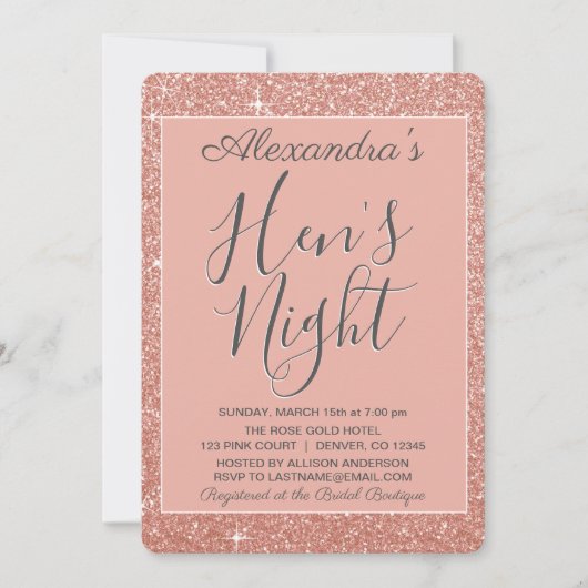 Rose Gold Sparkle Glitzer Hens Night Party Einladung (Vorderseite)