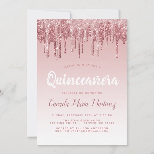 Rose Gold Sparkle Glitzer Quinceanera Feier Einladung (Vorderseite)