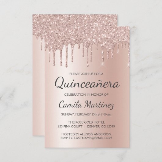 Rose Gold Sparkle Glitzer Quinceanera Feier Einladung (Vorne/Hinten)