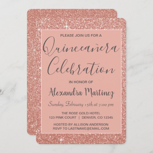 Rose Gold Sparkle Glitzer Quinceanera Feier Einladung (Vorne/Hinten)