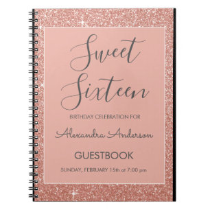Rose Gold Sparkle Glitzer Sweet 16 Gästebuch Notizblock