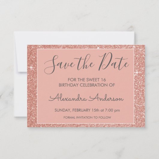 Rose Gold Sparkle Glitzer Sweet 16 Save the Date (Rückseite)