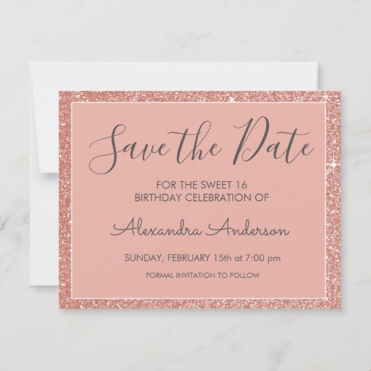 Rose Gold Sparkle Glitzer Sweet 16 Save the Date (Rückseite)