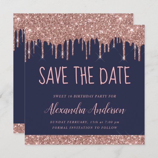 Rose Gold Sparkle Glitzer Sweet 16 Save the Date Einladung (Vorne/Hinten)