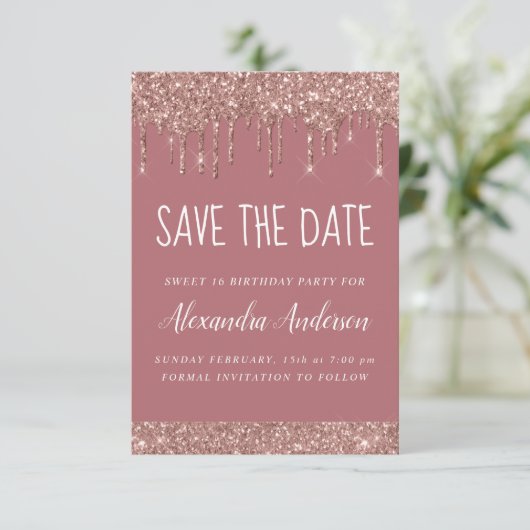 Rose Gold Sparkle Glitzer Sweet 16 Save the Date Einladung (Stehend Vorderseite)
